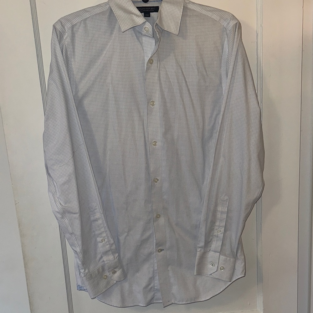 Banana Republic White Shirt with Light Blue Grid